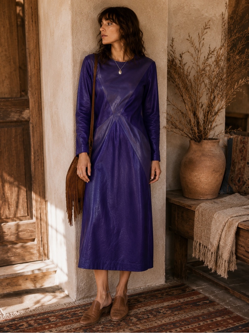 Vintage 80s Vakko Purple Suede Leather Geometric Colorblock Sheath Dress Size 8